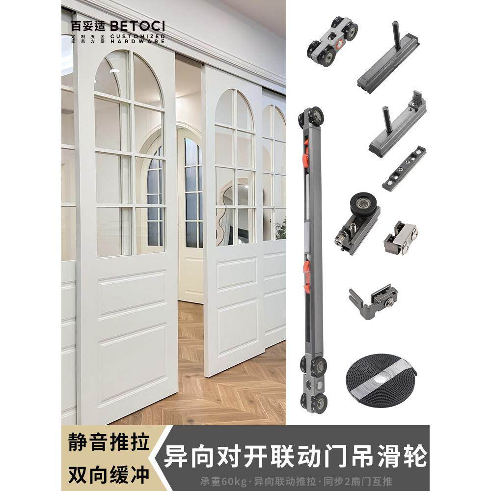木铝双用办公室对开反向联动推拉移门吊轨滑道商铺门反向同步吊滑