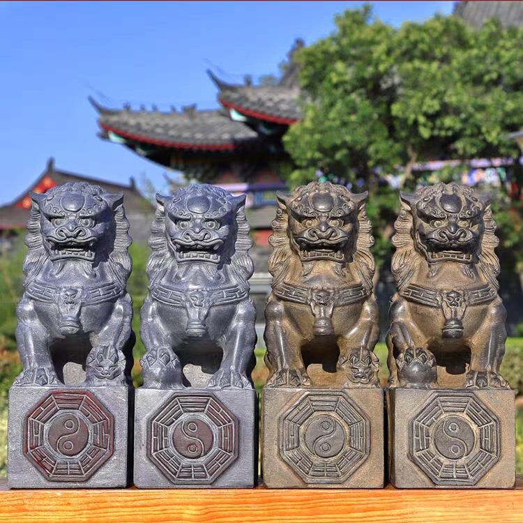 青石八卦石狮子石雕香炉花瓶摆件一对家用供奉石头雕刻祭祀彷古