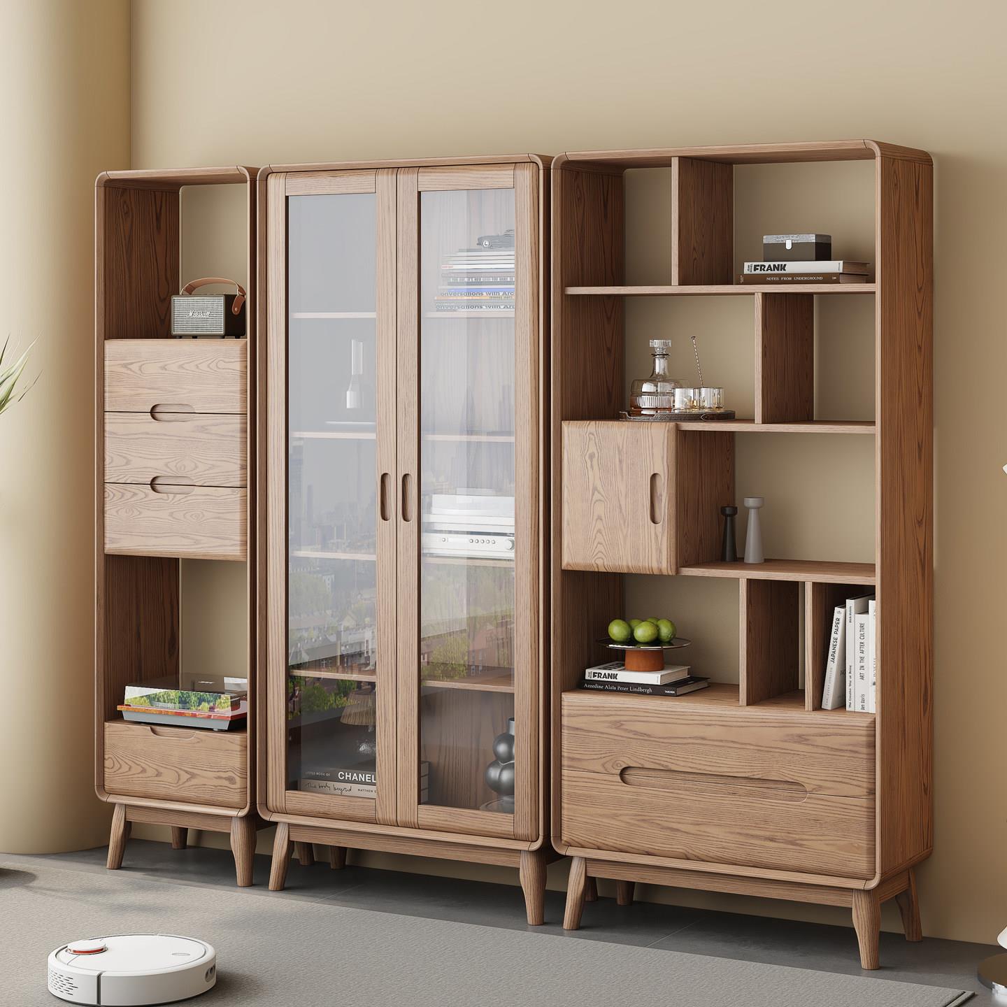 北欧实木书柜隔断置物储物柜白蜡木家具现代简约带玻璃门书架组合
