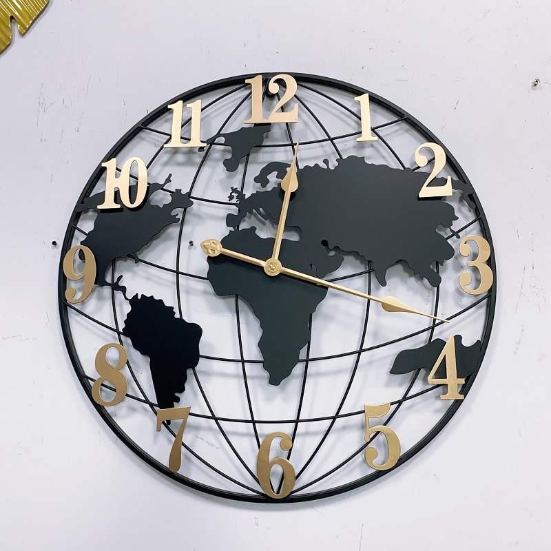 世界地图铁艺挂钟圆形时尚简约客厅玄关艺术壁饰时钟装饰壁挂