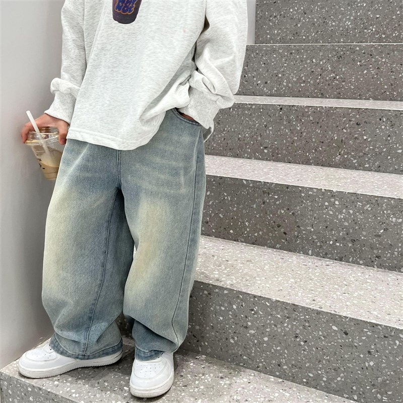 男童牛仔裤春秋款l宽松直筒裤子新款韩版儿童秋装浅蓝色男孩长裤