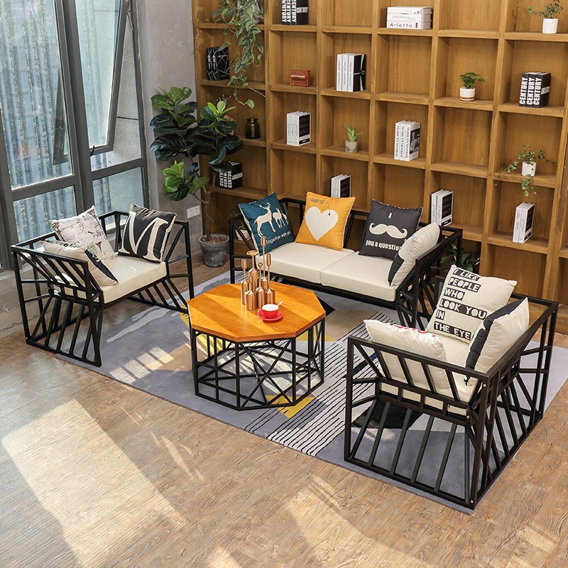 北欧实木客厅布艺沙发 现代铁艺咖啡厅酒吧沙发椅奶茶甜品店桌椅
