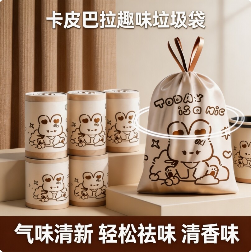 卡皮巴拉印花抽绳垃圾袋手提式家用加厚防臭垃圾袋超大容量清洁袋