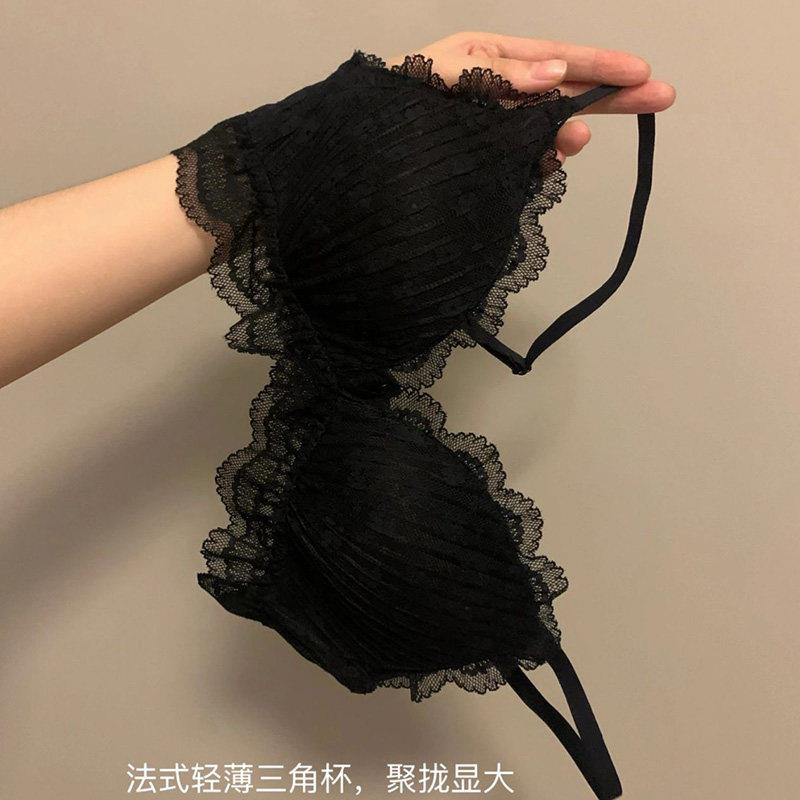 内衣女夏季薄款聚拢防下垂纯欲风胸罩黑色蕾丝舒适无钢圈文胸套装