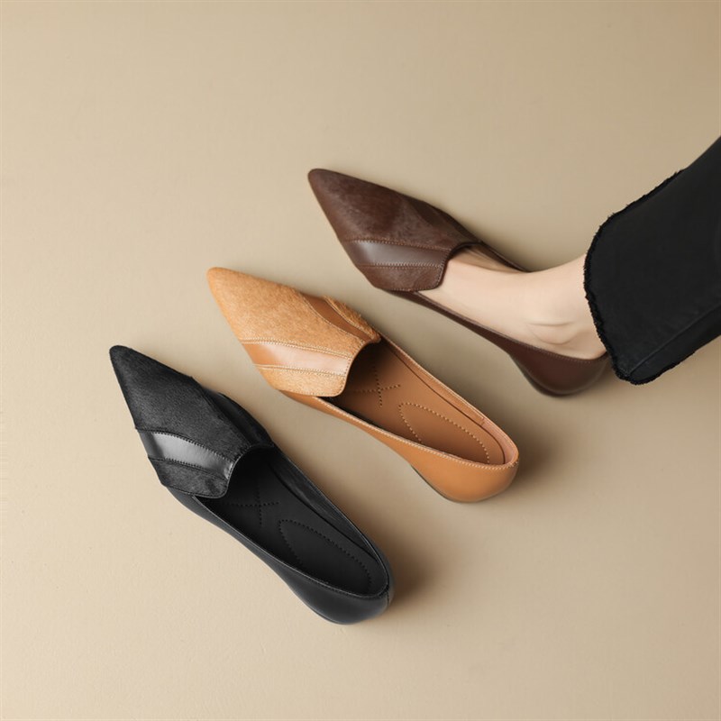 英伦高跟尖头深口单鞋女复古牛皮平底低跟时尚百搭舒适高端气质