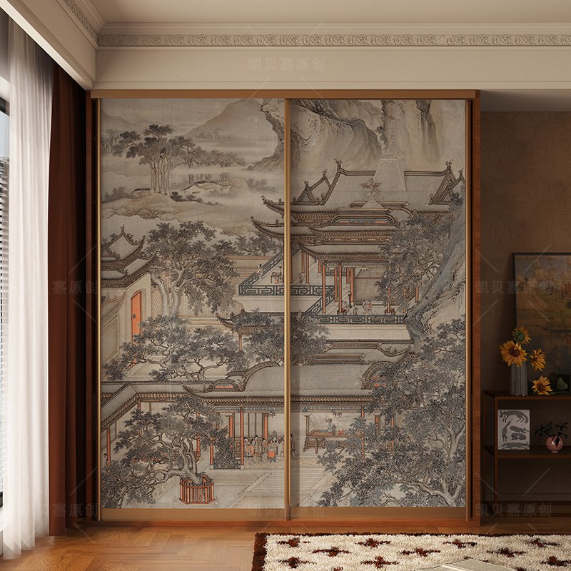 中式复古翻新衣柜门贴纸客厅布置自粘壁画中N古风房间改造柜子贴图片