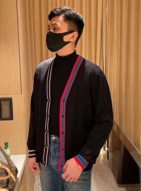 英伦学院风时尚j修身毛衣外套男秋装潮流男款上衣螺纹撞色针织开