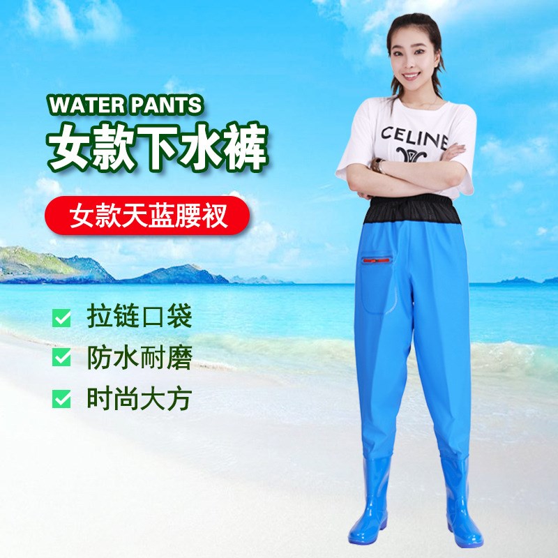 女士下水裤半身连体防水衣服雨裤带雨鞋赶海沙滩裤捉W鱼捕鱼女叉图片