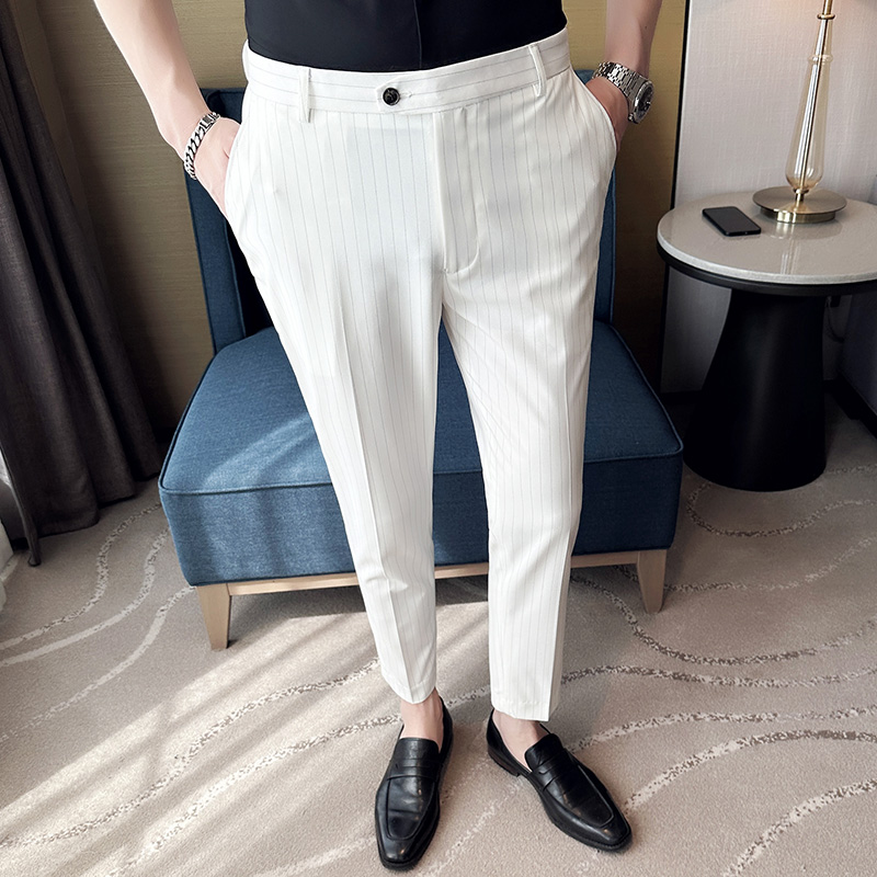 西装裤男夏季薄款弹力冰丝九分裤男士英伦风修身微锥条纹休闲裤潮