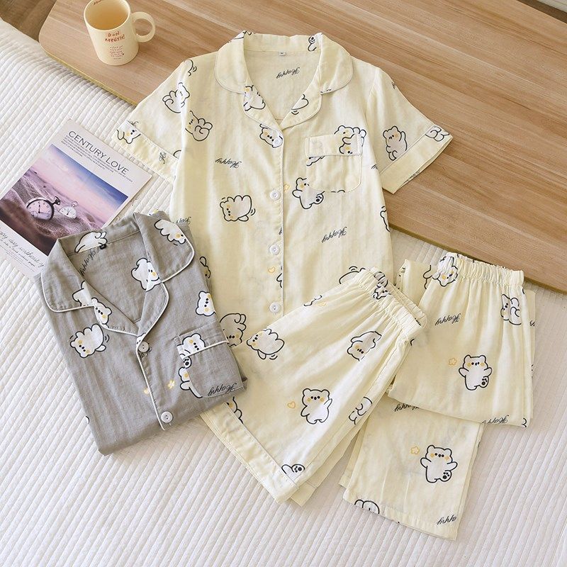 情侣睡衣男女式春夏季纯棉纱布薄款短袖短裤长裤家居服三件套装男,女士内衣/男士内衣/家居服,睡衣/家居服套装,淘宝优惠券,粉丝福利购,淘宝优惠卷