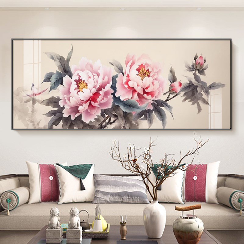 花开富贵装饰画客厅m沙发背景墙壁画新中式牡丹图大幅高档晶瓷挂