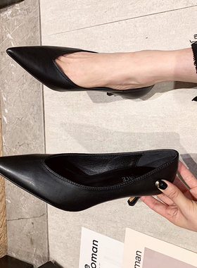 黑色高跟鞋女细跟5cm职业202y1年新款春夏软皮舒适工作v字尖头单