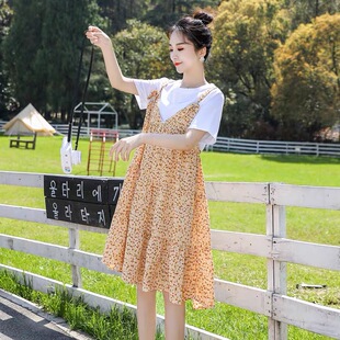 孕妇新款吊带裙夏潮妈夏装连衣裙洋气碎花假N两件孕妇装夏装显瘦