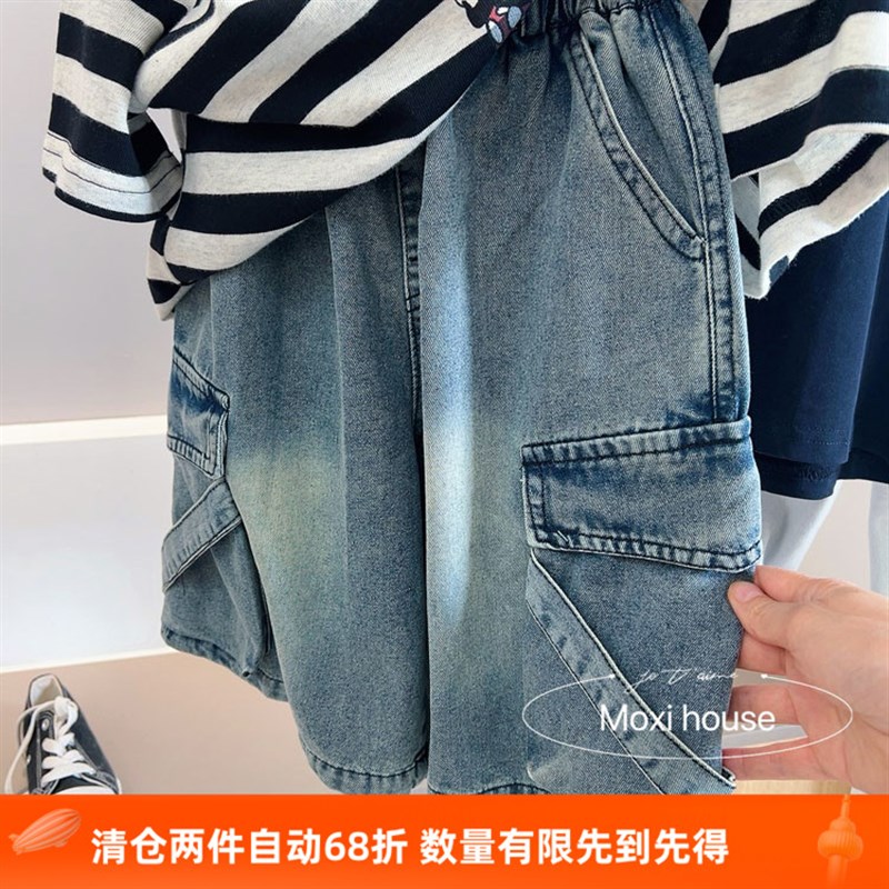 魔西童装2025夏季儿童做旧色洋气大口袋七分裤个性绳扣男童过膝裤