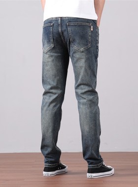 高端复古蓝色修身直筒牛仔裤男2024F新款青年潮牌免烫水洗做旧男