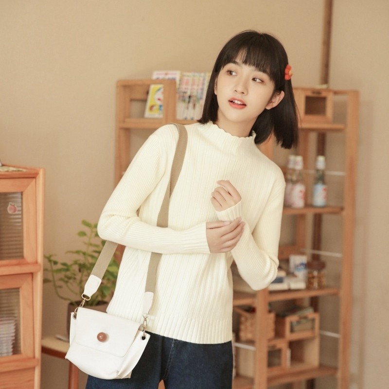 茉语家半高领打底衫杏色毛衣女2021年新款秋O冬针织衫韩系温柔上图片