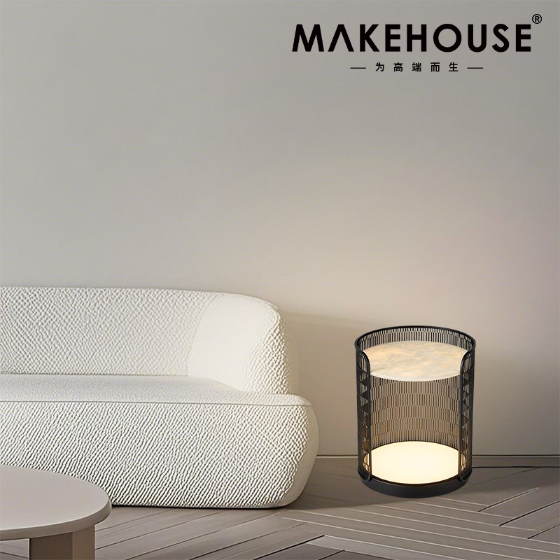 云石卧室床头柜一体落地灯意式极简约客厅边几T置物台茶几氛围灯