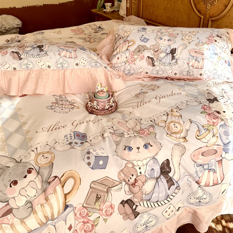 欧式少女心水洗棉花边款全棉床上四件套1H.5m1.8米公寓被套床单三