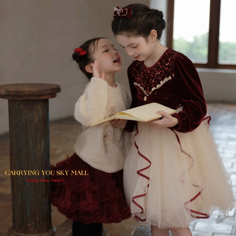 女童公主裙2024秋冬新款儿童圣诞新年红色丝绒工艺网纱连衣裙礼服