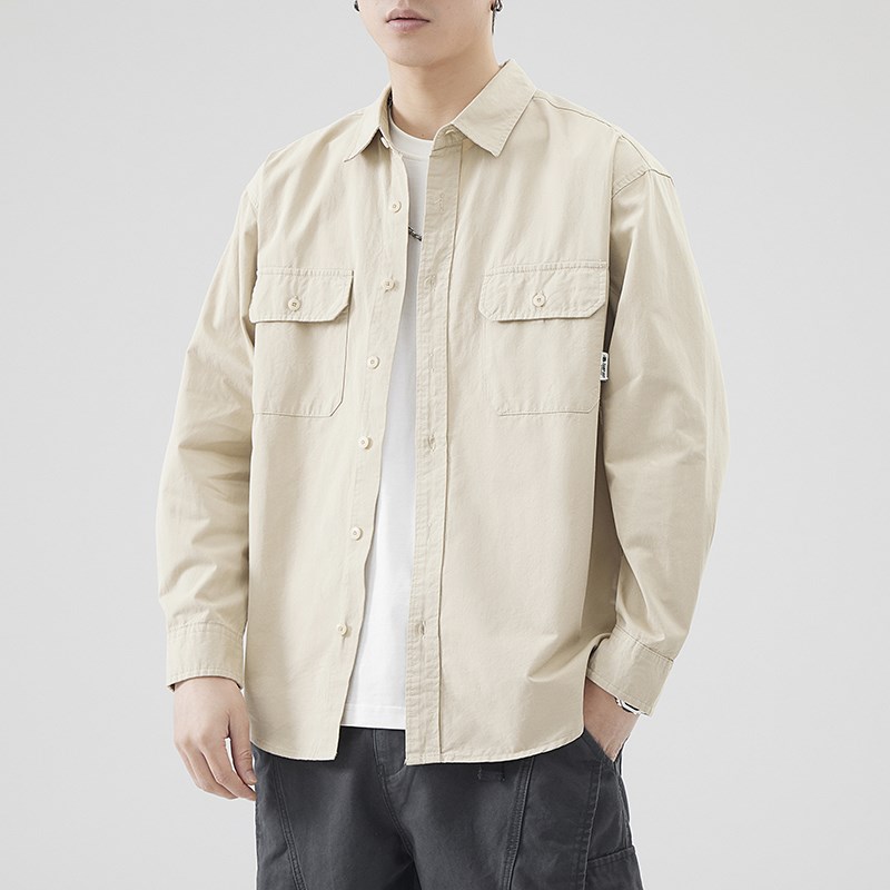 高级感美式休闲口袋纯棉衬衣男长袖2024春季日系宽松工装衬衫外套