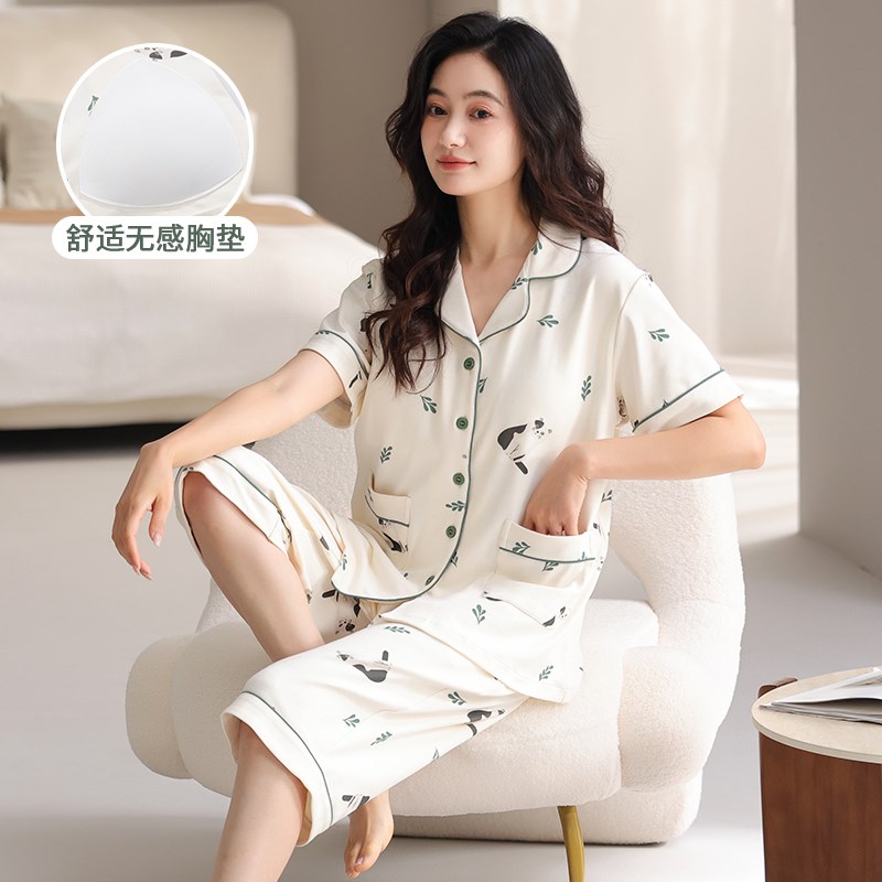 夏季新款带胸垫睡衣女士纯棉短袖七分裤中年妈妈加U大码休闲家居