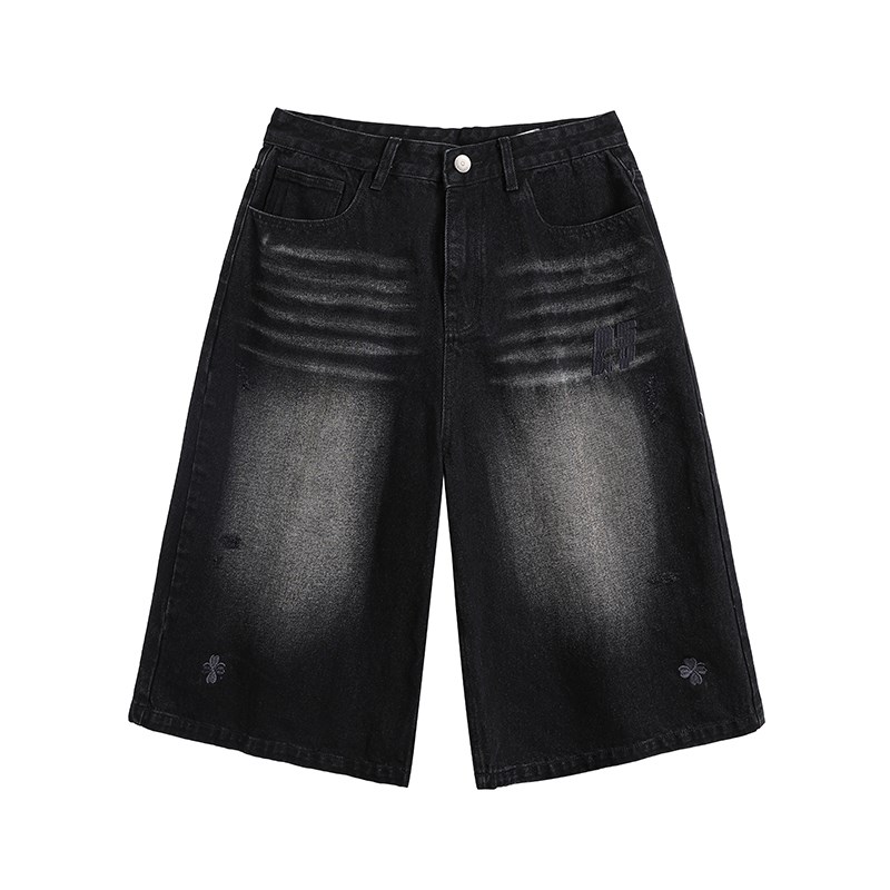 黑色复古渐变牛仔短裤男款美式高街水洗七分裤宽松直筒阔腿裤子夏
