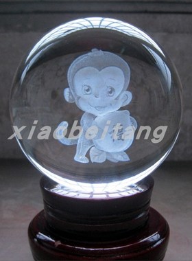 3D生肖猴卡通水k晶球激光内雕模型客厅玄关商务礼品家居装饰摆件