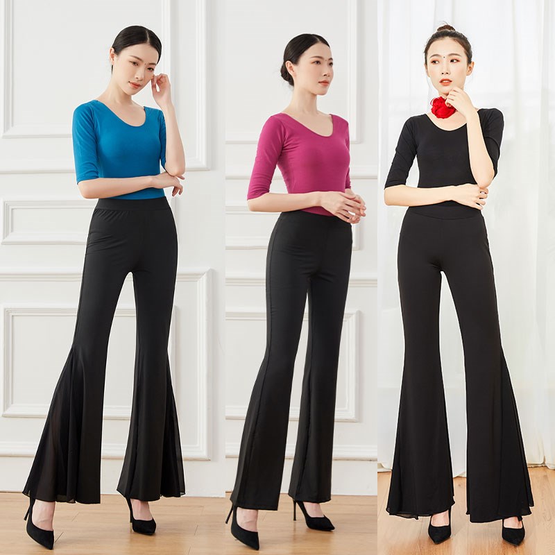 黑色圆领形体训练服女礼仪培训走D秀大喇叭裤修身舞蹈练功服套装