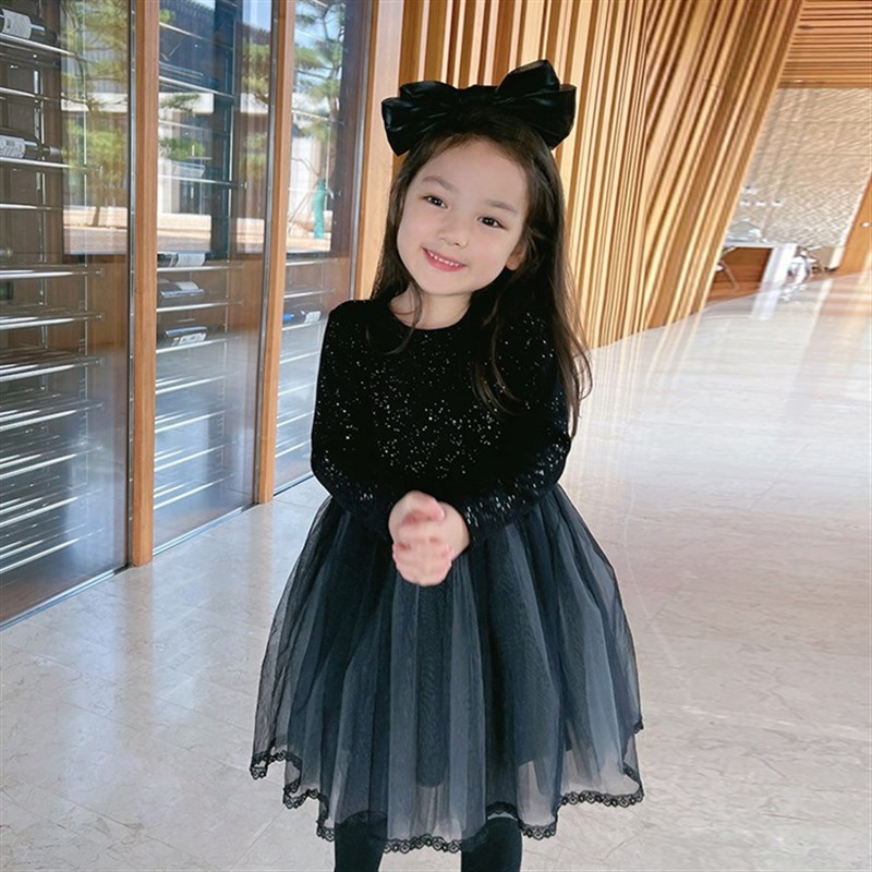 女童连衣裙2024冬季新款加厚长A袖拼接网纱公主裙宝宝加绒打底裙