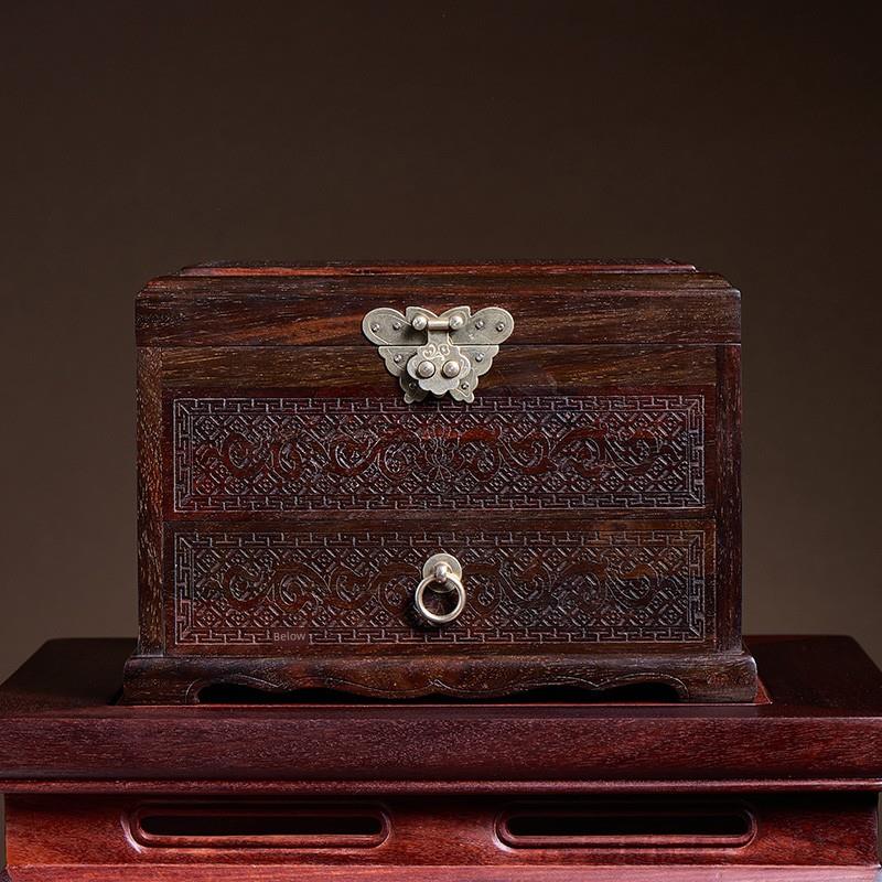 大红酸枝首饰盒双层红木珠宝收纳盒陪嫁三金饰品盒结婚嫁妆带镜子