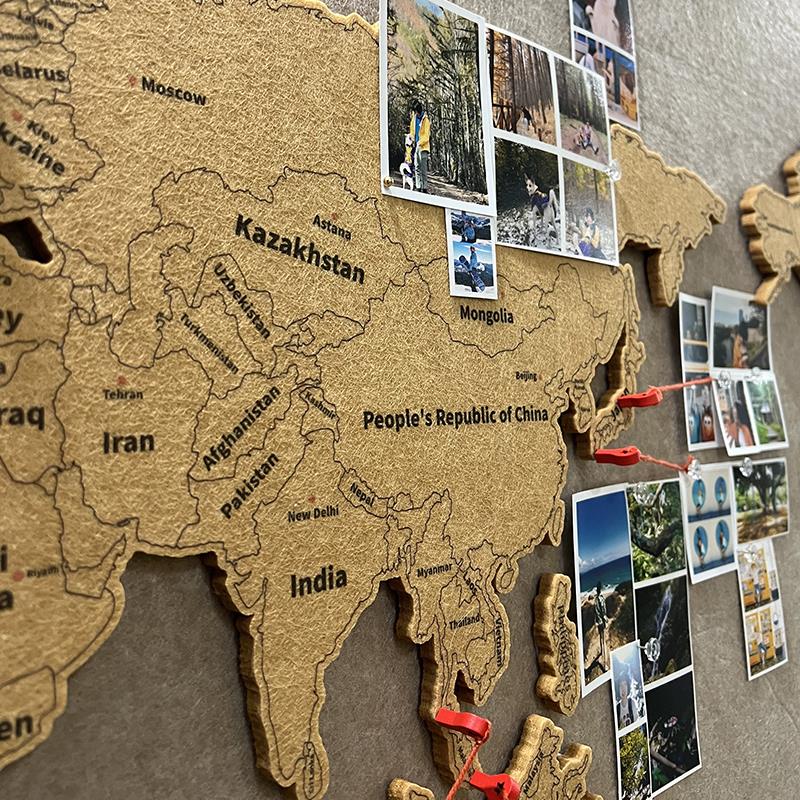 毛毡板世界地图大洲板块墙贴创意旅游足迹签到打卡照片墙软木板