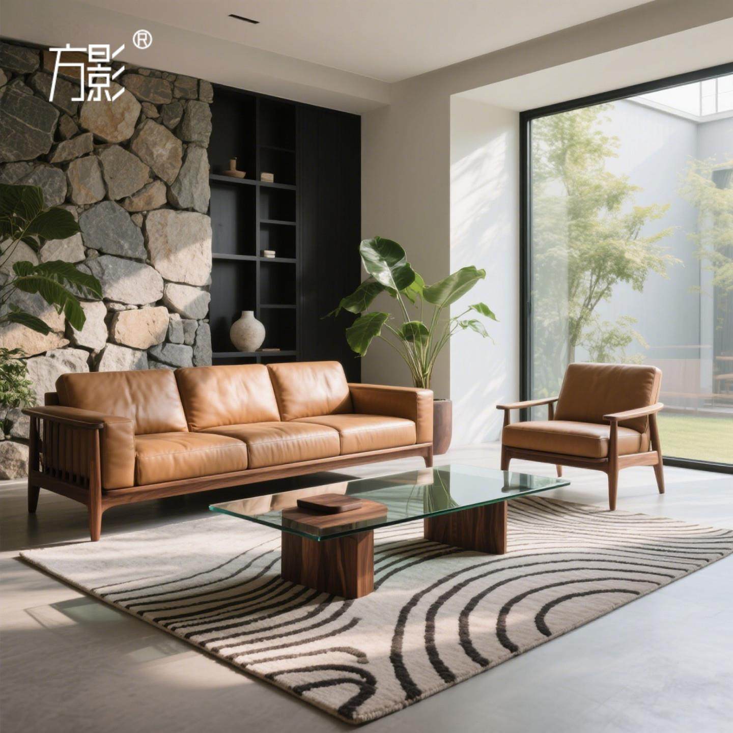 方影新中式极简全实木北美黑胡桃木直排皮艺沙发三人位2025新款,住宅家具,实木沙发,淘宝优惠券,粉丝福利购,淘宝优惠卷