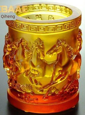 马到成功笔筒八骏雄风马办公桌摆件男士书房用品琉璃水晶八骏图