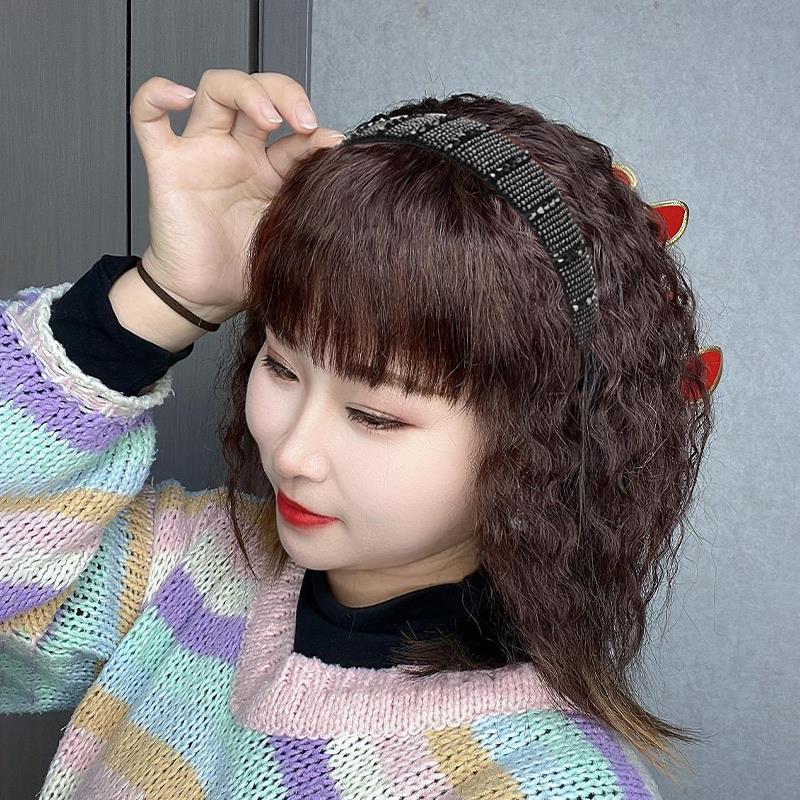 刘海发箍一体女玉米烫头顶前额遮白发卷发片蓬松增发量真发补发片