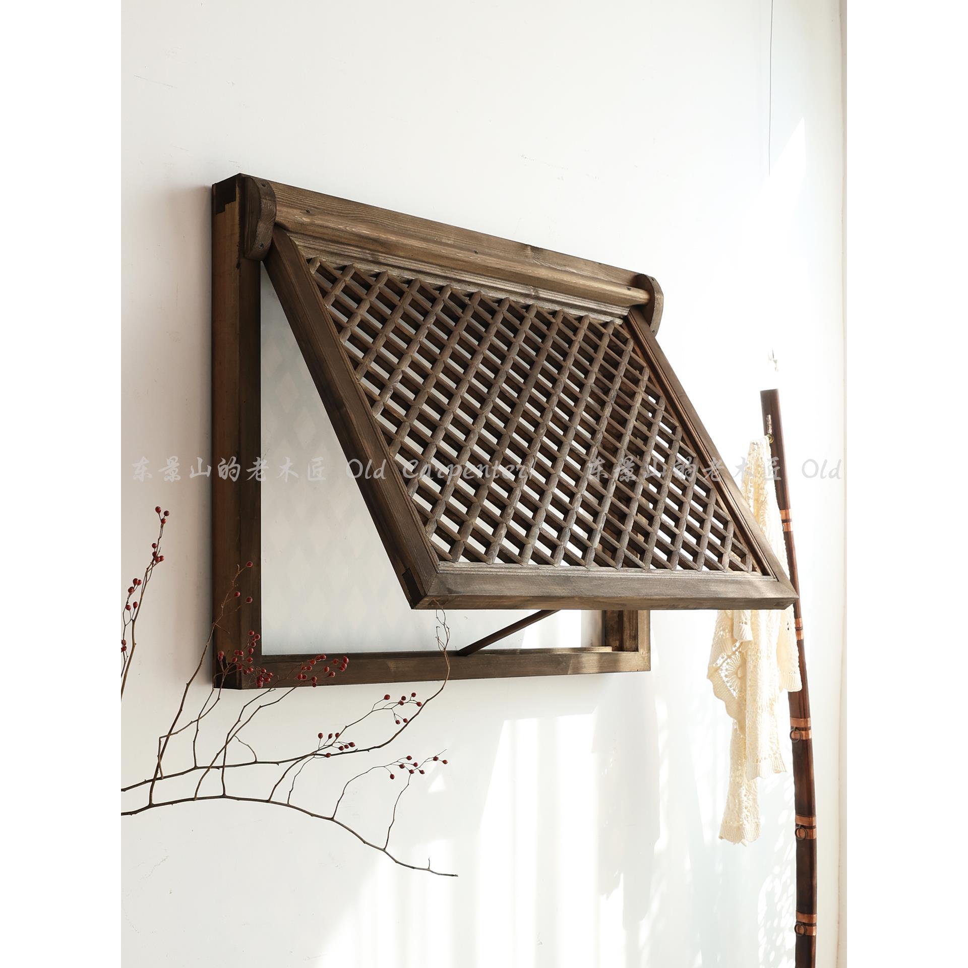 中式古风上翻窗户仿古做旧老花窗支摘窗东阳木雕门窗实木镂空花格