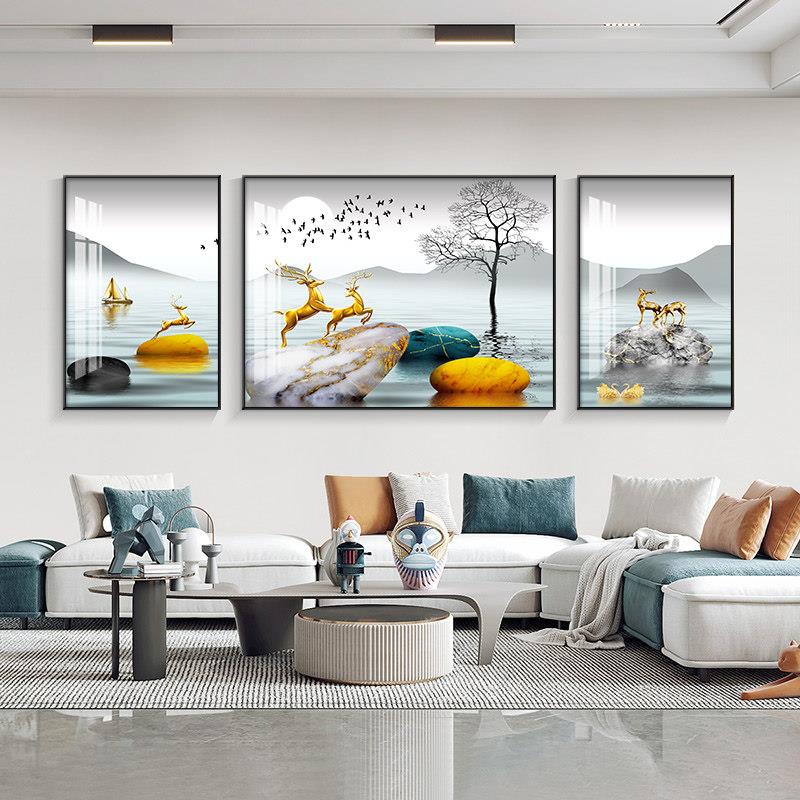 轻奢客厅装饰画沙发背景墙壁画现代简约大气三联画挂画高档大气