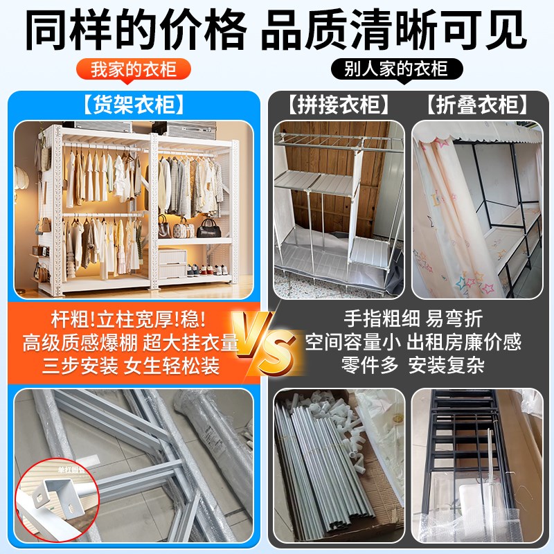 货架衣柜全封闭简易钢制多层置物架金属开放式家用卧室落地挂衣架图片