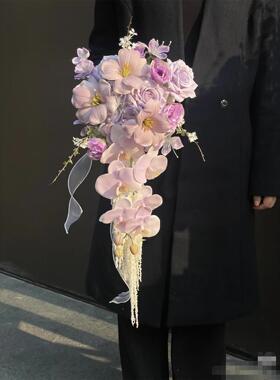 紫色瀑布手捧花仿真花高级新娘结婚当天摄影拍照假花束保湿玫瑰花