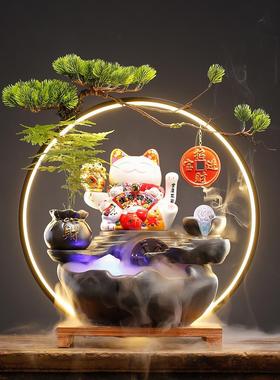 中式流水生财摆件家居客厅办公室桌面创意陶瓷招财猫装饰开业礼品