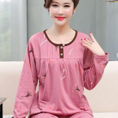 中老年睡衣女士春秋款季纯棉长袖中年妈妈大码家居服全棉夏天套装
