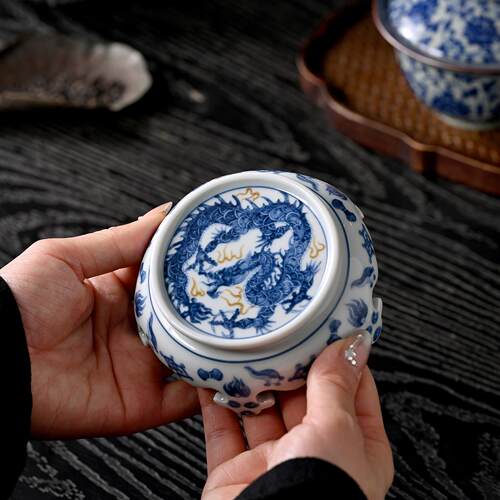 景德镇釉里金龙纹板凳盖置杯垫小紫砂壶盖托壶承家用茶道零配