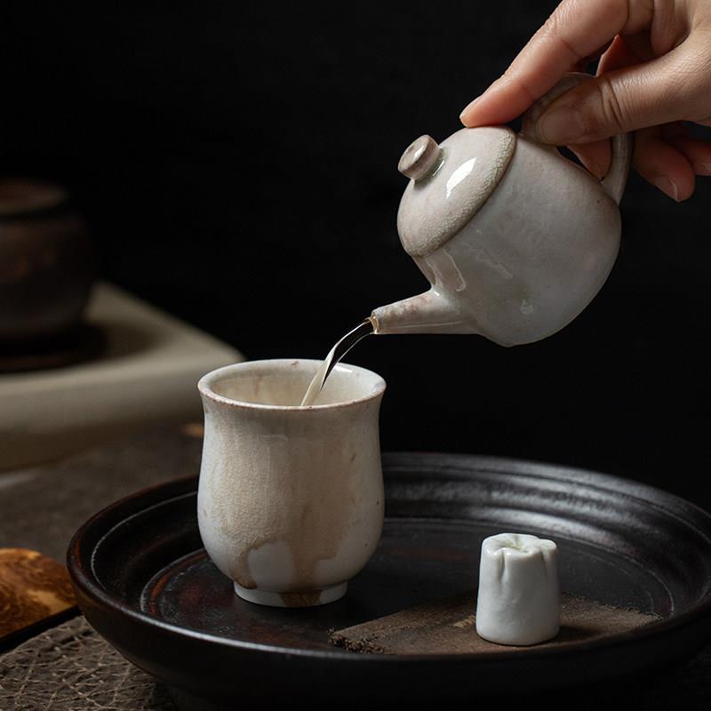 木辰柴烧 | 白色玉兰闻香杯 主人杯纯手工柴烧瓷泥茶杯自然落灰釉