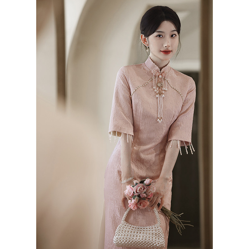 粉色新中式旗袍女改良平时可穿敬酒服新娘2024新款秋冬订婚礼服裙,女装/女士精品,旗袍,淘宝优惠券,粉丝福利购,淘宝优惠卷