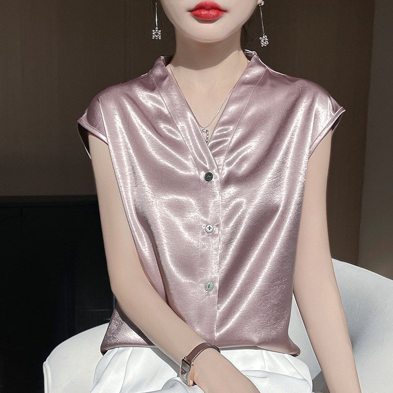 V领缎面真丝短袖开衫女春夏醋酸亮面无袖上衣气质宽松内搭打底衫,女装/女士精品,真丝上装,淘宝优惠券,粉丝福利购,淘宝优惠卷