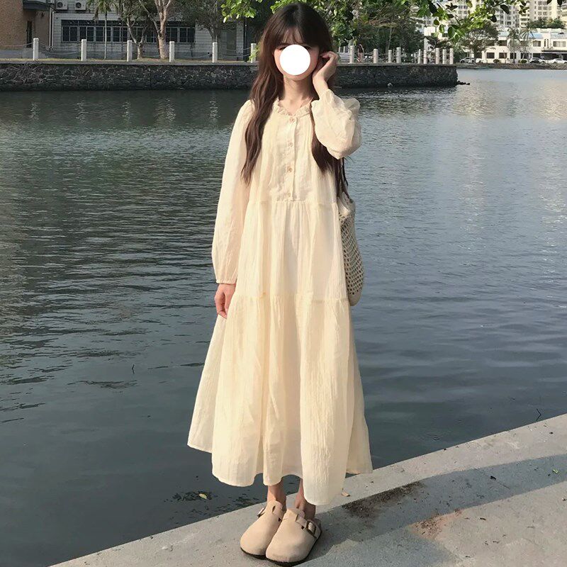 法式小众设计感缩褶花边领长袖连衣裙女夏季新款小个子茶歇中长裙