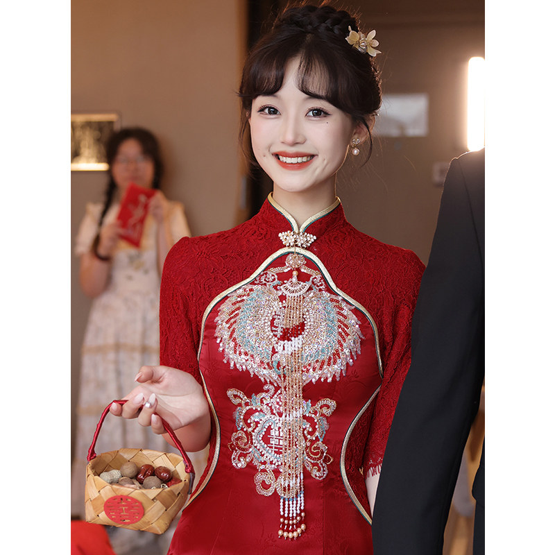 旗袍敬酒服新娘高级感红色蕾丝订婚礼服连衣裙2024新款回门服中式,女装/女士精品,礼服/晚装,淘宝优惠券,粉丝福利购,淘宝优惠卷