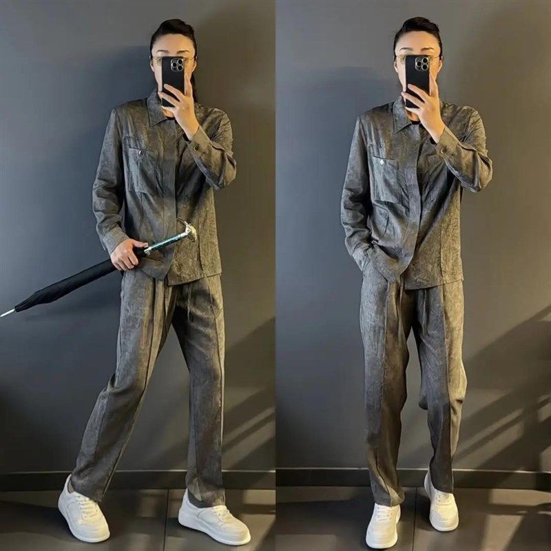 2024夏季男士慵懒风复古多口袋长袖衬衫男宽松轻奢衬衣套装薄