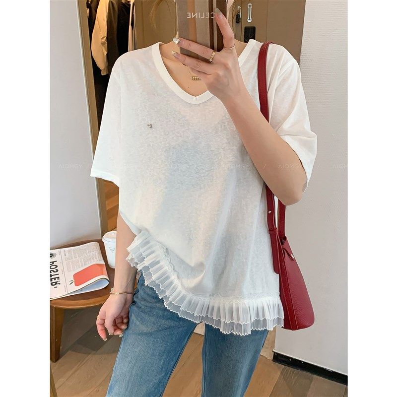 爱情魔鬼鱼 白色V领短袖蕾丝花边拼接T恤女2025夏季新款宽松上衣,女装/女士精品,T恤,淘宝优惠券,粉丝福利购,淘宝优惠卷