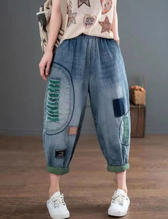 新款 休闲老爹裤 八分牛仔裤 透气哈伦裤 宽松百搭女 破洞薄款 2020夏季