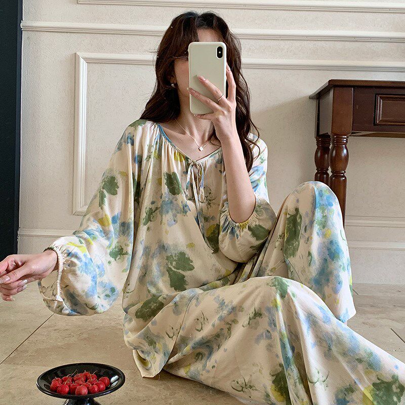 宫廷风春夏季薄款棉绸睡衣女长袖宽松大码家居服胖MM绵绸套头套装